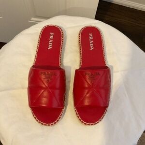 Prada Red Leather Quilted Espadrilles Slides Size 41